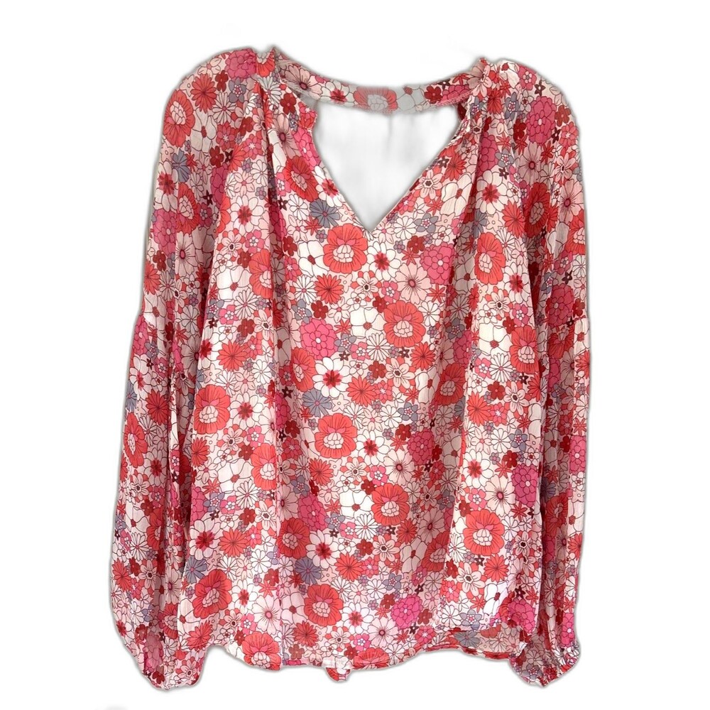 Boutique Floral Blouse Women Large L Pink Coral Long Sleeve Lined Flowy Scoop